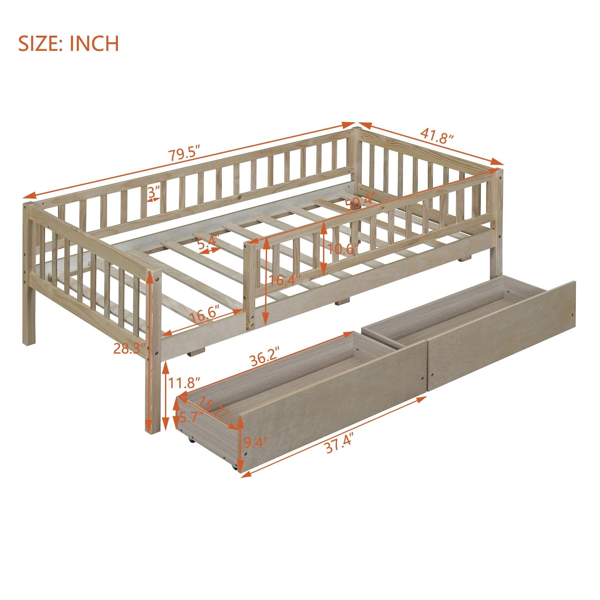 Bellemave Twin Daybed with Storage and Fence, Wooden Twin Size Platform Bed with Rails and 2 Drawers, Low Loft Bed Frame, No Box Spring Needed (Natural)