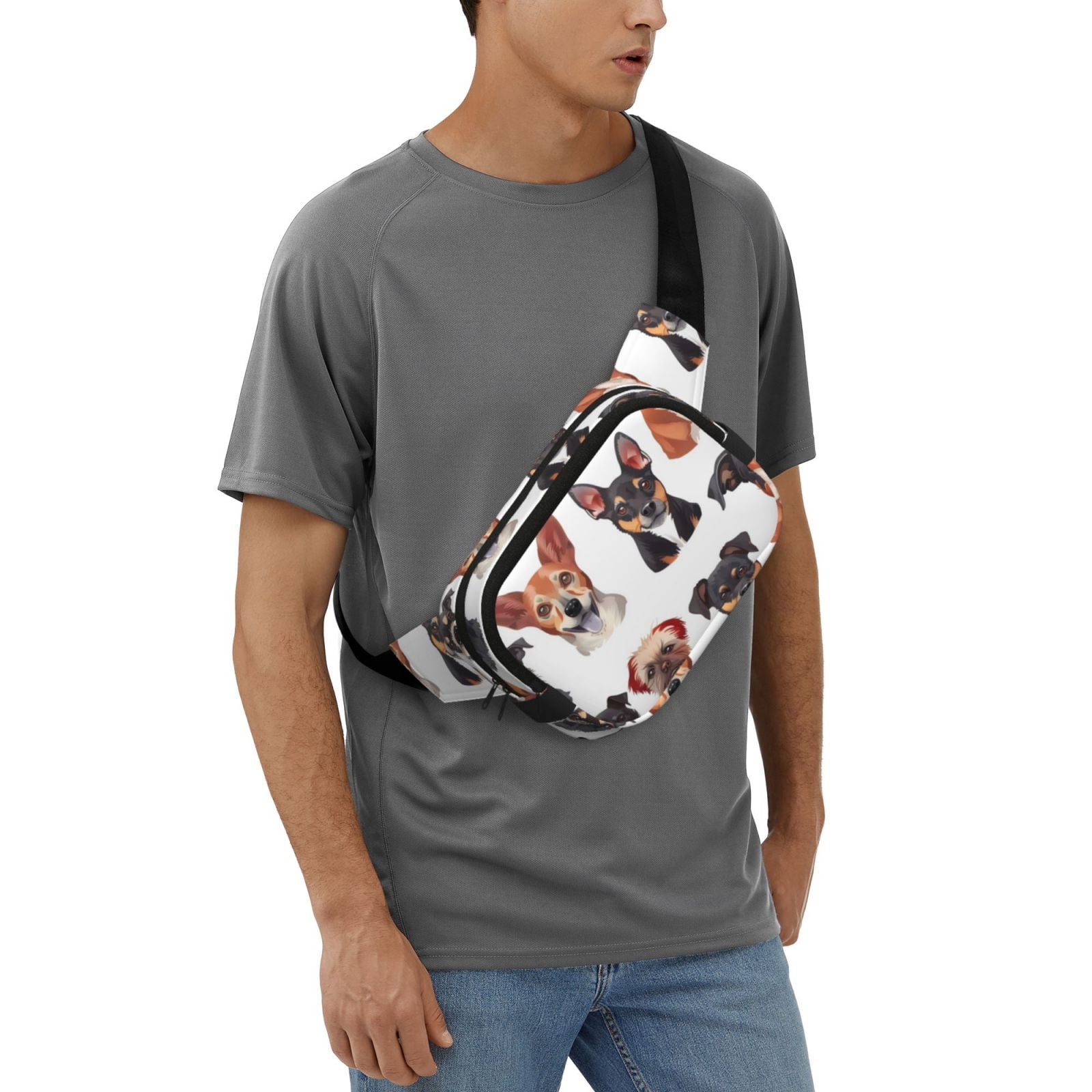 Picia Happy Dog Faces Collage Print Square Double-Layer Waist Bag Mini Adjustable Waist Belt Bag Exercise Running Travel Hiking