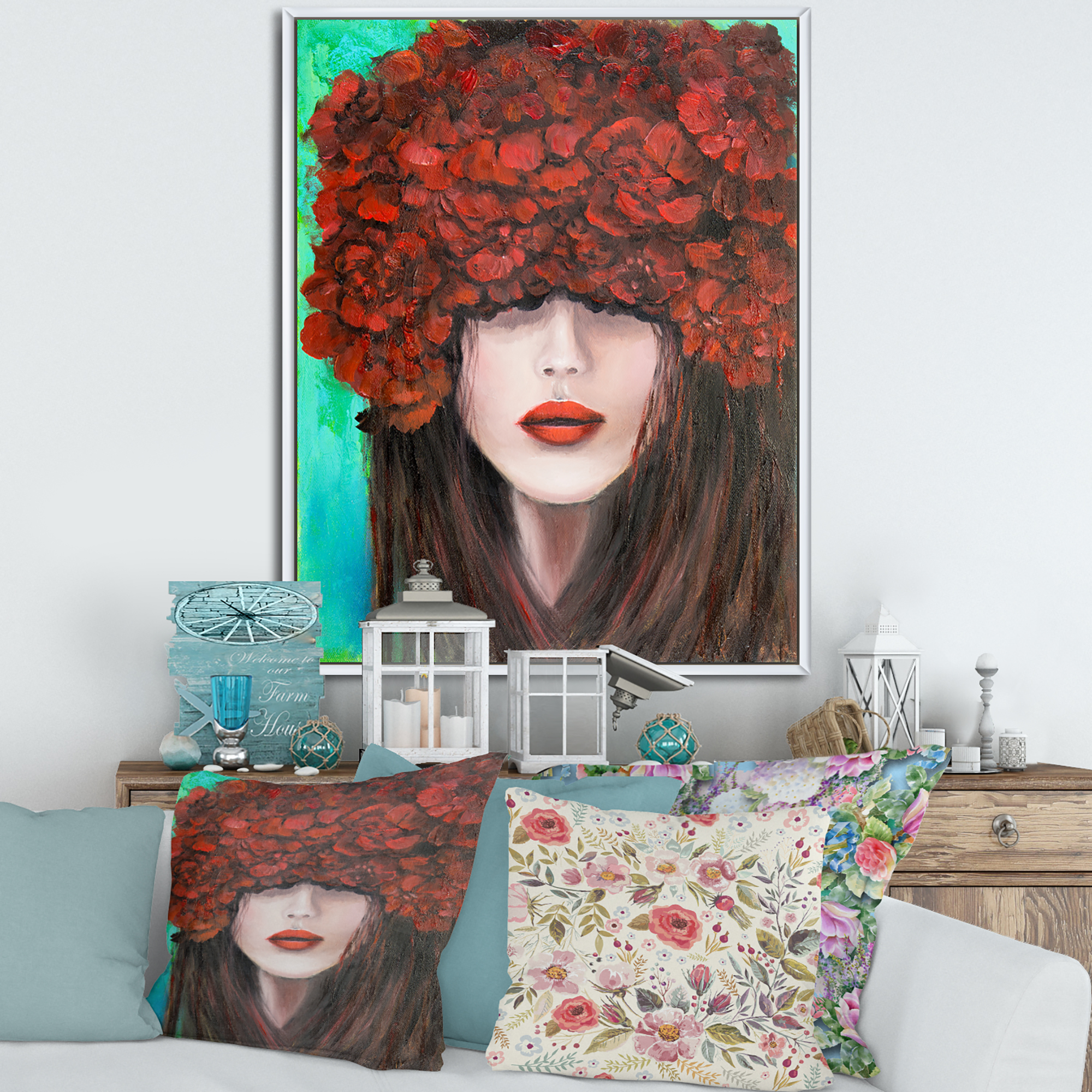 Designart 'Portrait Of A Young Lady With Red Flowers' Modern Framed Canvas Wall Art Print