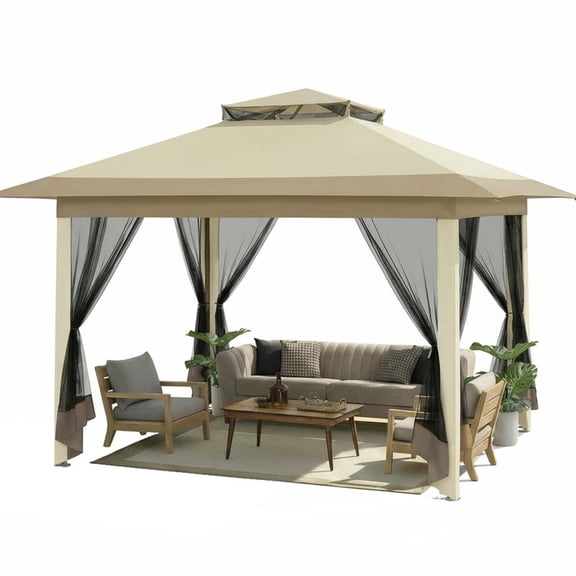 HOTEEL 12x12 Outdoor Pop-up Gazebo Canopy with Mosquito Netting 2-Tiered Vented Top 3 Adjustable Height for Backyard, Garden, Lawn,Khaki