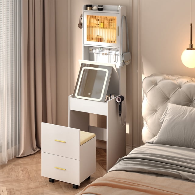 Ktaxon Makeup Vanity Table for Small Spaces, Vanity Table Set with 3 Color LED Light, Bedroom Dressing Table, White