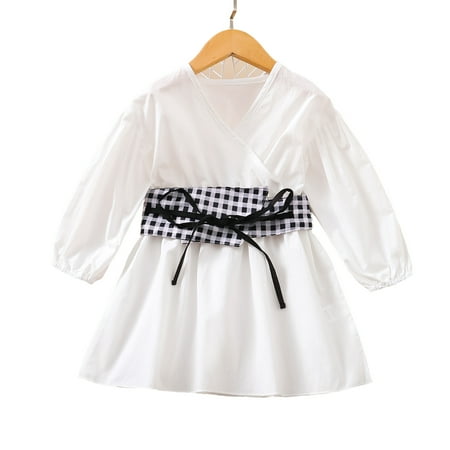 

KIMI BEAR 18-24 Months Baby Girls Dresses Infant Girls Fall Clothes Plaid Waistband Long Sleeve Ruffle Dress White