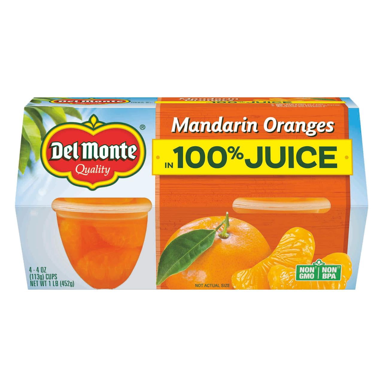 (4 Cups) Del Monte Mandarin Orange Fruit Cups, 100% Juice, 4 oz