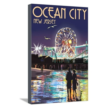 Ride Print Jersey - Ocean City, New Jersey - Pier and Rides at Night Stretched Canvas Print Wall Art By Lantern Press