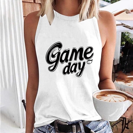 Uootdi Womens Tops Game Day Football Print Sleeveless Tank Tops Halter Neck Relaxed Fit Tees Lightweight Summer Casual Tees Gift