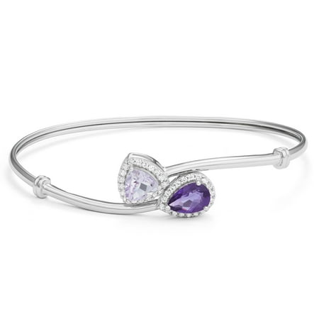 Amethyst Trillion and Pear-Shape Framed in Created White Sapphire Sterling Silver Tonal Bypass Flex Bangle