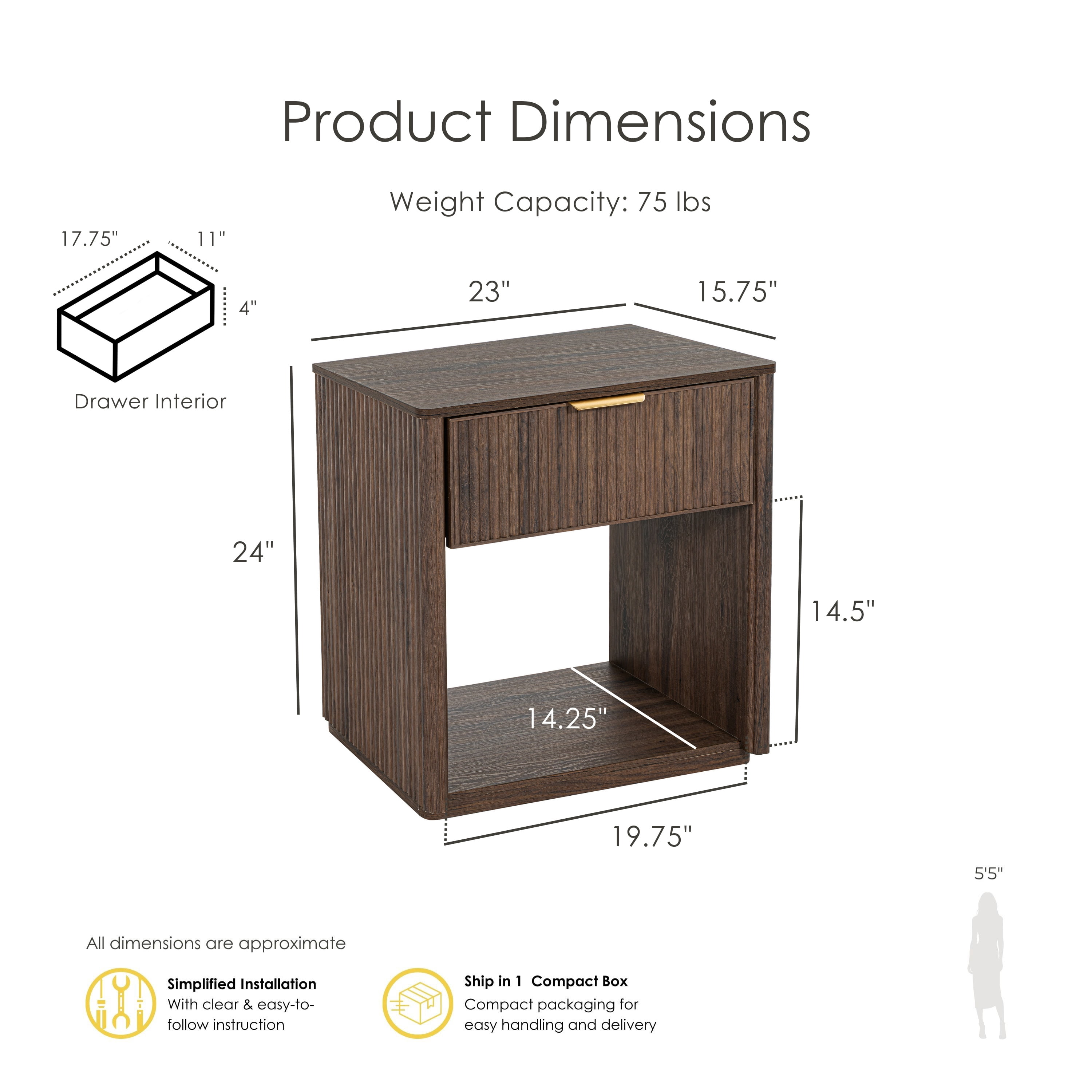 Furniture of America Elarin Modern Wood 1-Drawer Nightstand with Open Bottom Shelf, Walnut