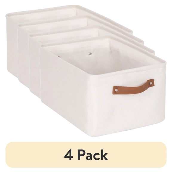 (4 pack) Mainstays Natural Canvas Fabric Decorative Storage Basket with Handles, 15 in x 8 in x 11 in