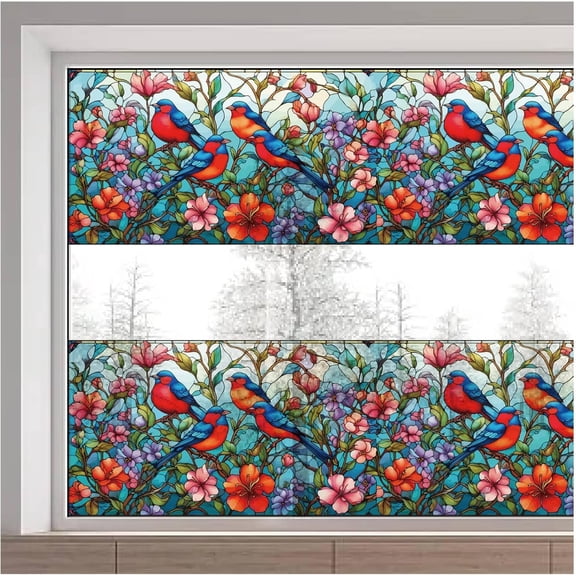 116 x 38cm Birds on Branches Static Window Stickers Flowers Branch Window Cling Non Adhesive Double-Side Glass Decals for Home Bedroom Living Room Glass Sliding Door Decorations colorful DIY