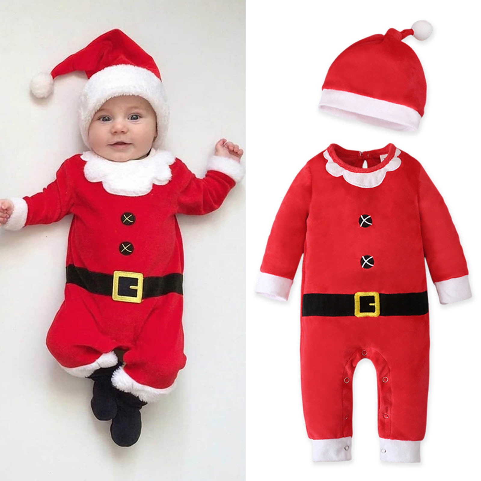 3Pcs Christmas Costume Toddler Boys Girls Fleece Santa Claus Tops Coats+Pants+Cap Clothes Set 