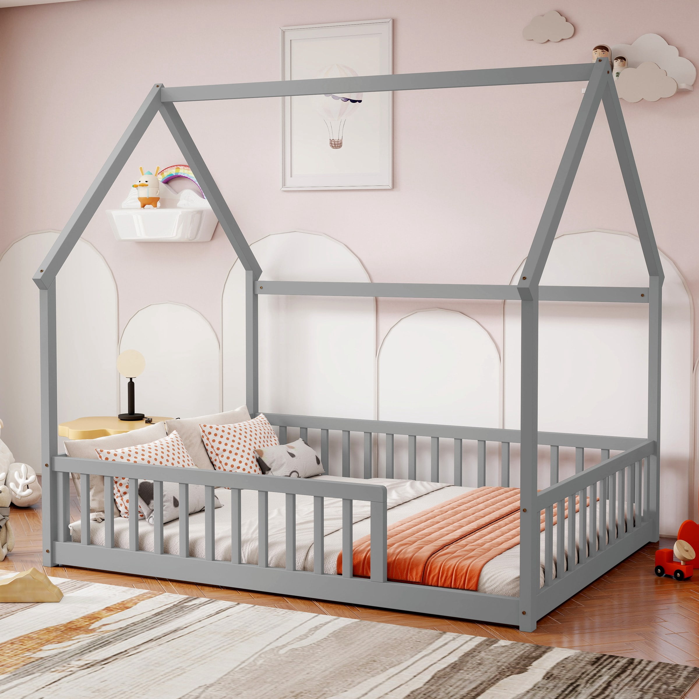 Full Size House Floor Bed with Roof Frame, Pine Wood Floor Bed with Safety Guardrails, Grey