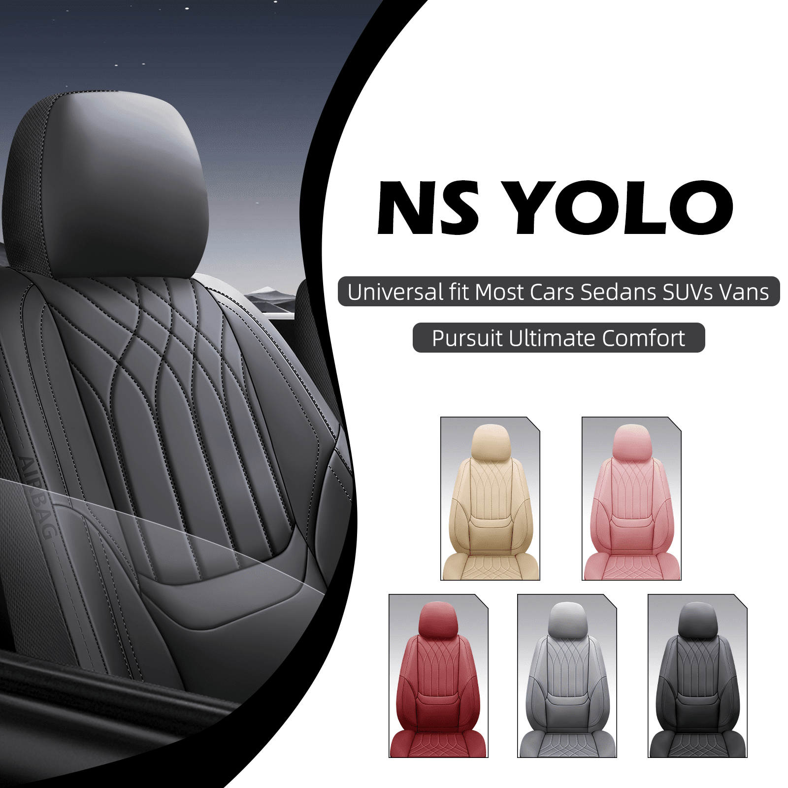NS YOLO Premium Faux Leather Car Seat Covers Full Set | Universal Fit for Cars, Trucks & SUVs | Waterproof, Full Coverage 5-Seat Protector，black