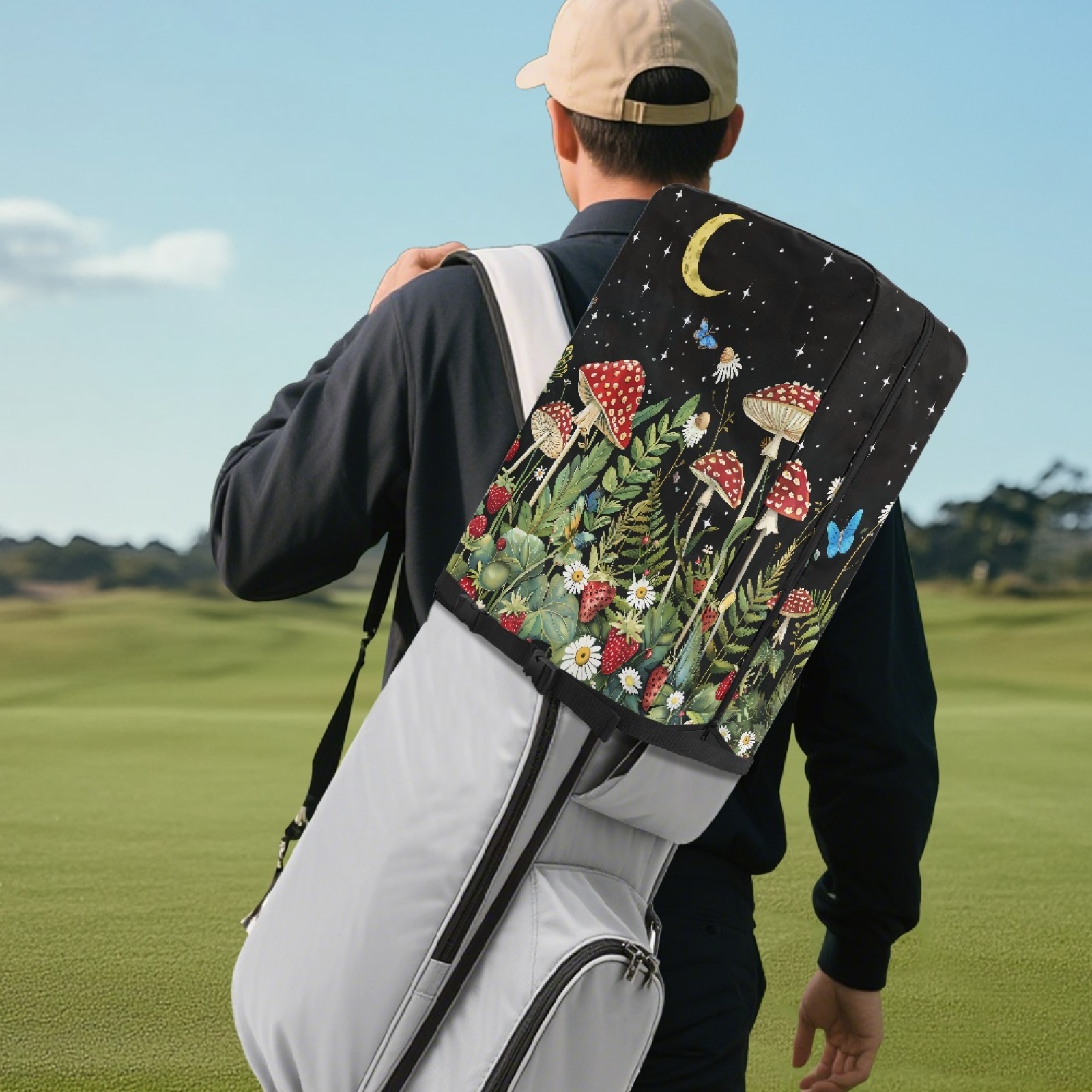 Yuyamidu Aesthetic Mushroom Golf Bag Cover Butterfly Golf Bag Umbrella for Clubs with Snap Button Dust and Sun Protection Fit Most Club Bags
