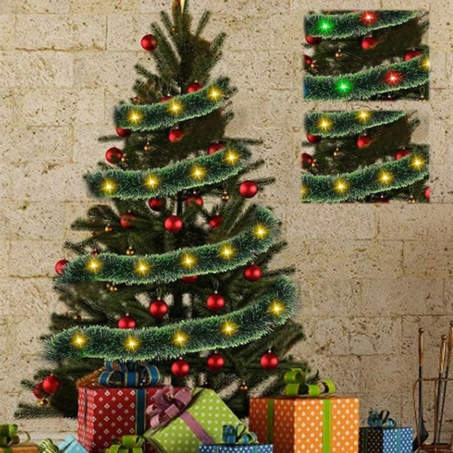 LED Christmas Ribbon Garland with Lights - 15m Green Rattan & LED Strips for Indoor/Outdoor Tree & Holiday Decor
