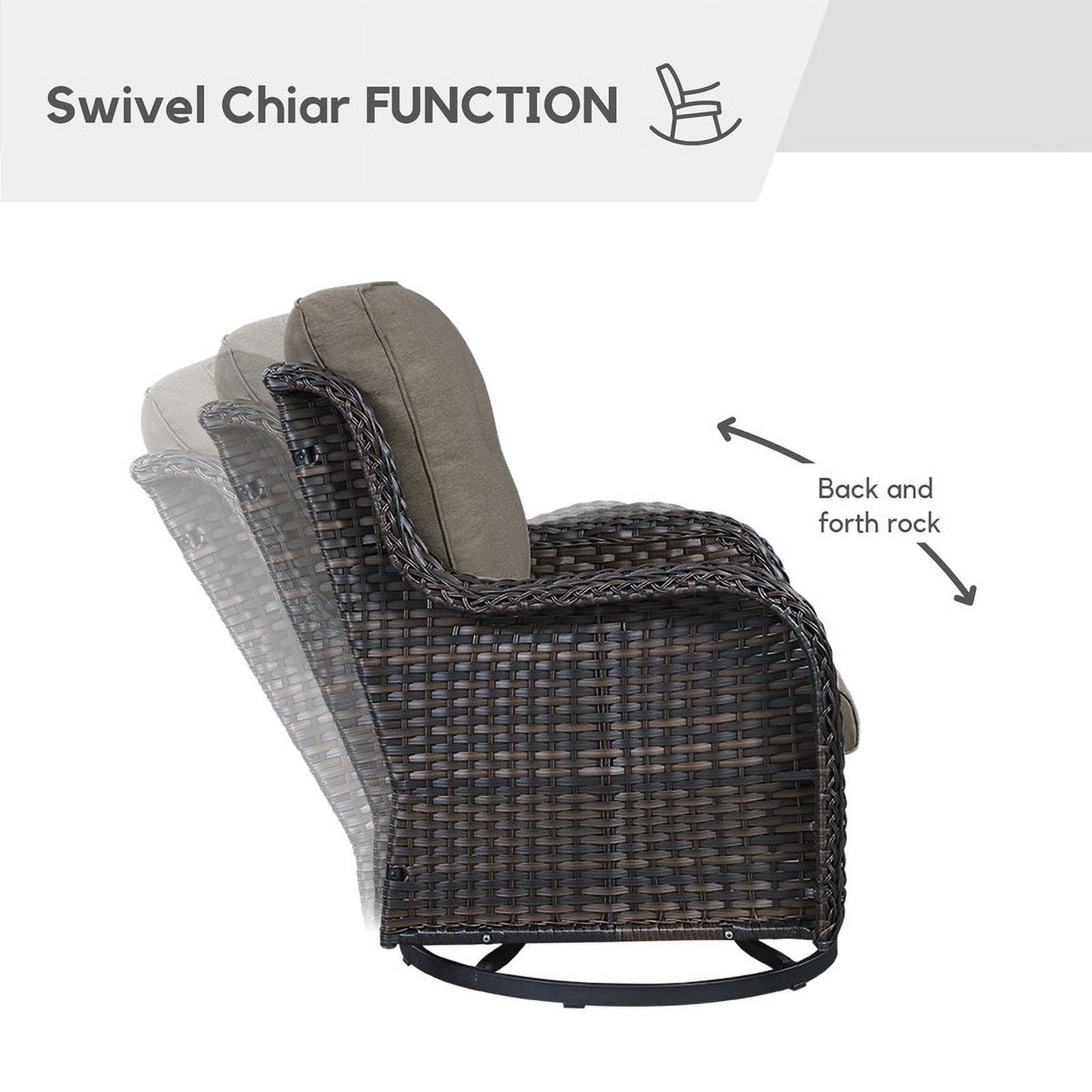 PARKWELL 5-Piece Outdoor Conversation Sets,Wicker Swivel Gliders with Ottomans,Side Table,Patio Seating Furniture with Gray Cushions,Brown Wicker