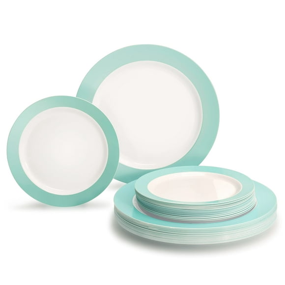 OCCASIONS Lot de 120 Assiettes (60 Invités) Assiettes en Plastique Jetables Premium pour Mariage -60x10.25 Pieds' Dîner + 60x7.5 Pieds' Salade/dessert (Blanc Rio & Bleu Turquoise Perlé)