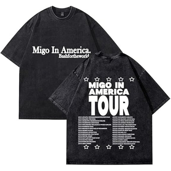 BashfortheWorld Migo In America Tour 2025 Washed T-shirt Unisex Trend Casual Short Sleeve