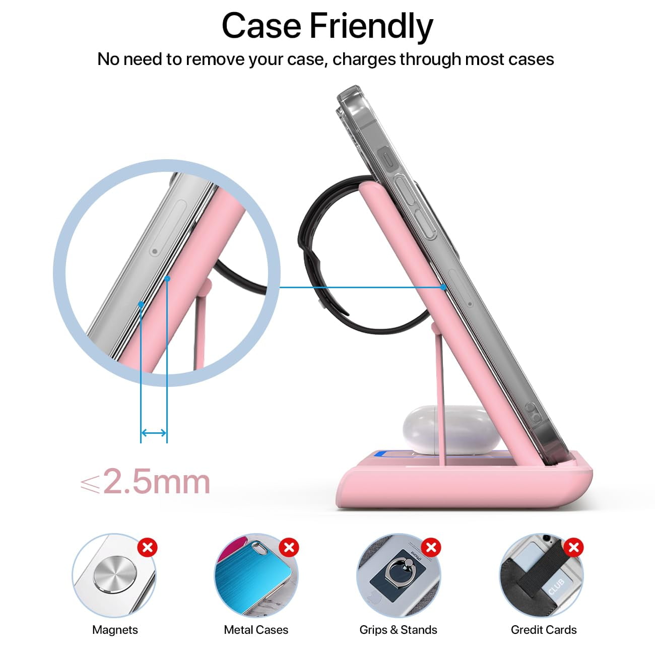 3-in-1 Wireless Charger: Fast Charge for iPhone/Apple Watch/AirPods – Foldable, Pink