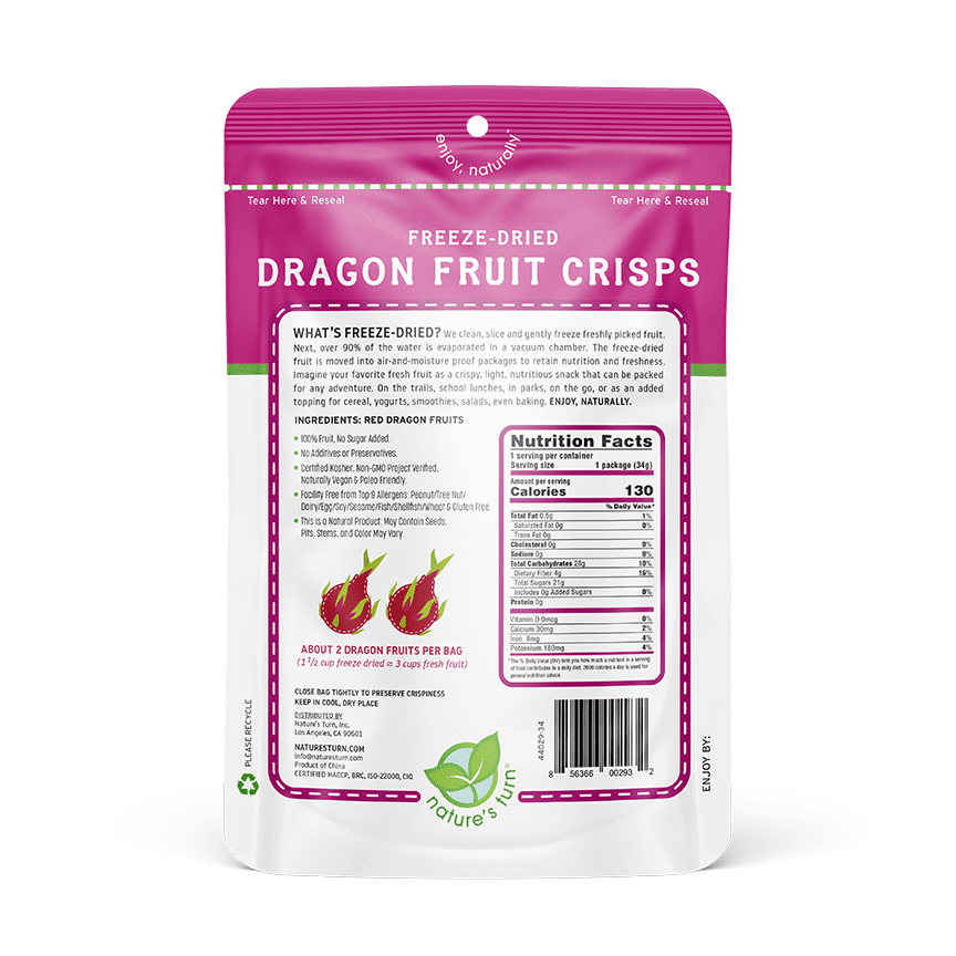 Nature’s Turn Freeze-Dried Dragon Fruit Crisps, No Added Sugar, Healthy Natural Fruit Crisp Snack for School Lunches, 12 Pack (0.53 oz Each)