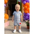 thumbnail image 5 of BemeyourBBs Toddler Baby Boys Back to School Outfit Kids Kindergarten Outfit Baby Boy Summer Clothes Letters and Apple Embroidery Short Sleeve Striped T-Shirt and Pockets Shorts 2 Piece Set, 5 of 9