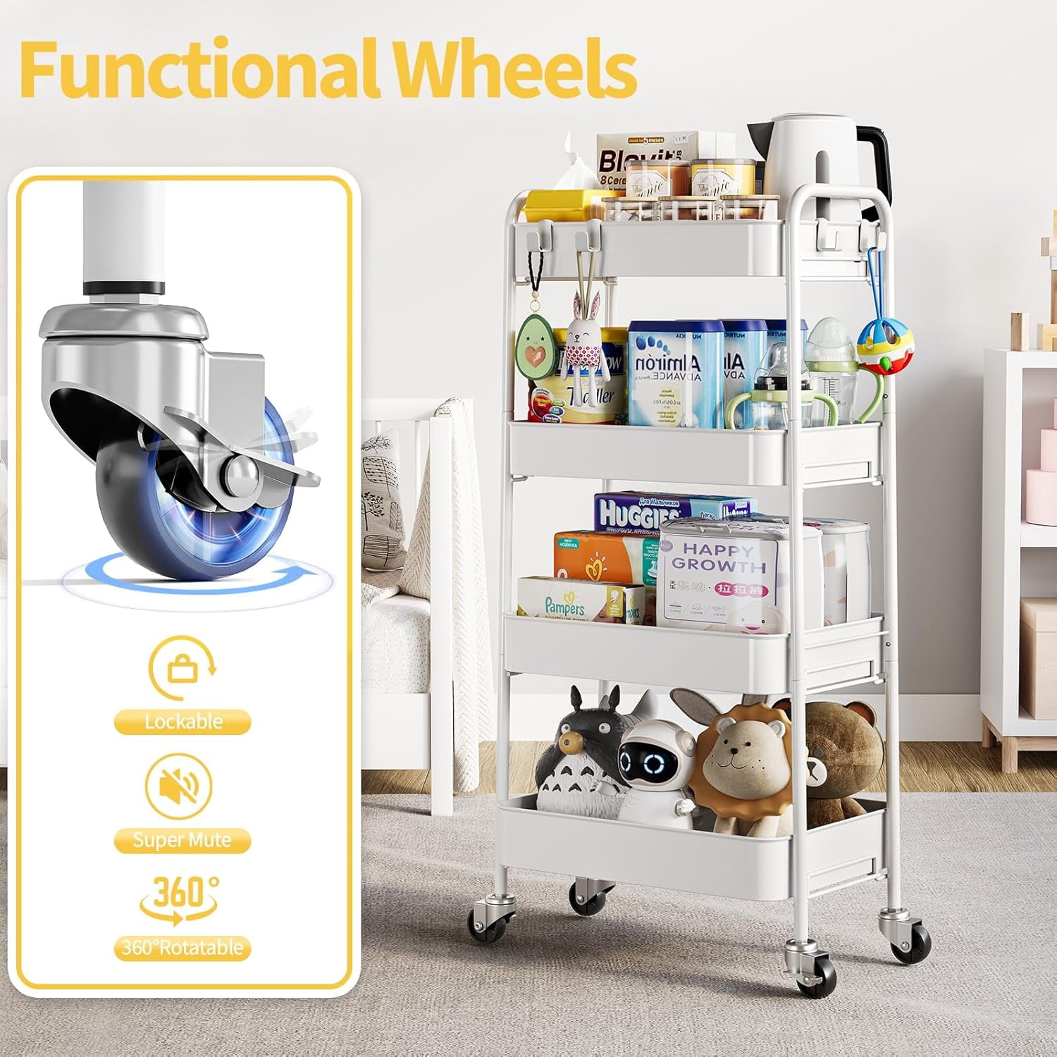 4-Tier Metal Rolling Cart with Wheels, Storage Utility Organizer Cart for Kitchen, Bathroom, Office, Baby Essentials & Makeup - Lockable Casters, Easy Assembly, Large Capacity, White