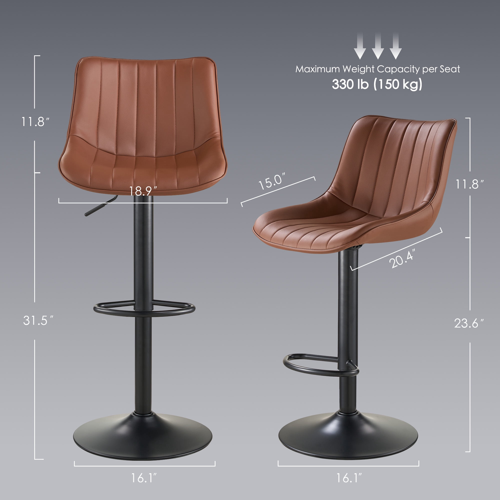 AUNEKIV Bar Stools Set of 2, Swivel Counter Height Bar Stools, Adjustable PU Leather Bar Chairs with Back and Footrest, Modern Armless Counter Stools, Island Chairs for Bar Kitchen, Brown