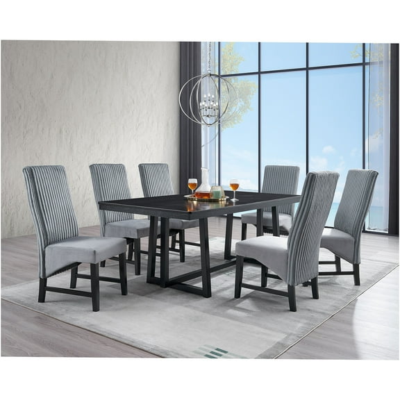 JERFIT 7-Piece Modern Dining Table Set with 6 Upholstered Chairs, Black Wood Kitchen Dinette for Dining Room