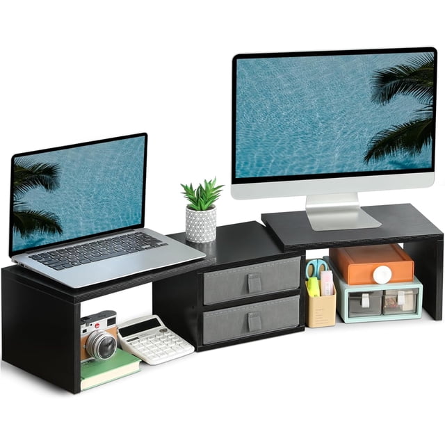 Dual Monitor Stand Riser with Drawers - Length and Angle Adjustable Monitor Stand with Storage Large Computer Riser for Monitors/Laptop/PC Wood Screen/TV Stand Desk Organizer