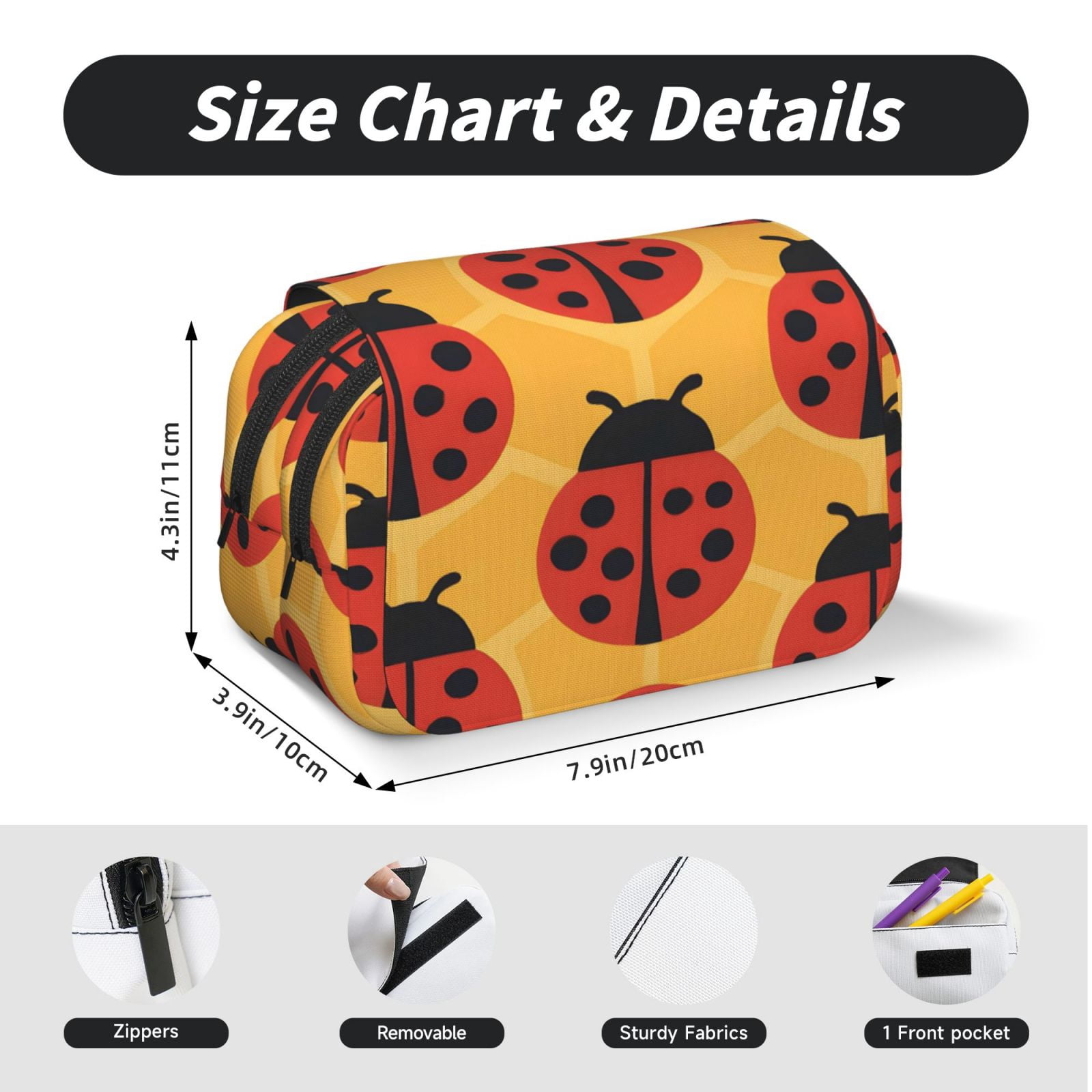 Large-Capacity Flip-Top Double-Layer Pencil Case, Multi-Functional Pocket Pen Case, Durable Stationery Organizer Ladybug On An Orange Background