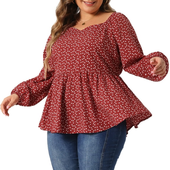 DARING DIVA Women's Plus Sweetheart Neck Long Sleeve Peplum Blouse 1X Burgundy