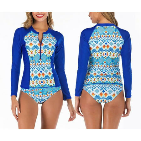 Women Long Sleeve UV Sun Protection UPF 50+ Rash Guard Two Piece Swimsuit Bikini -