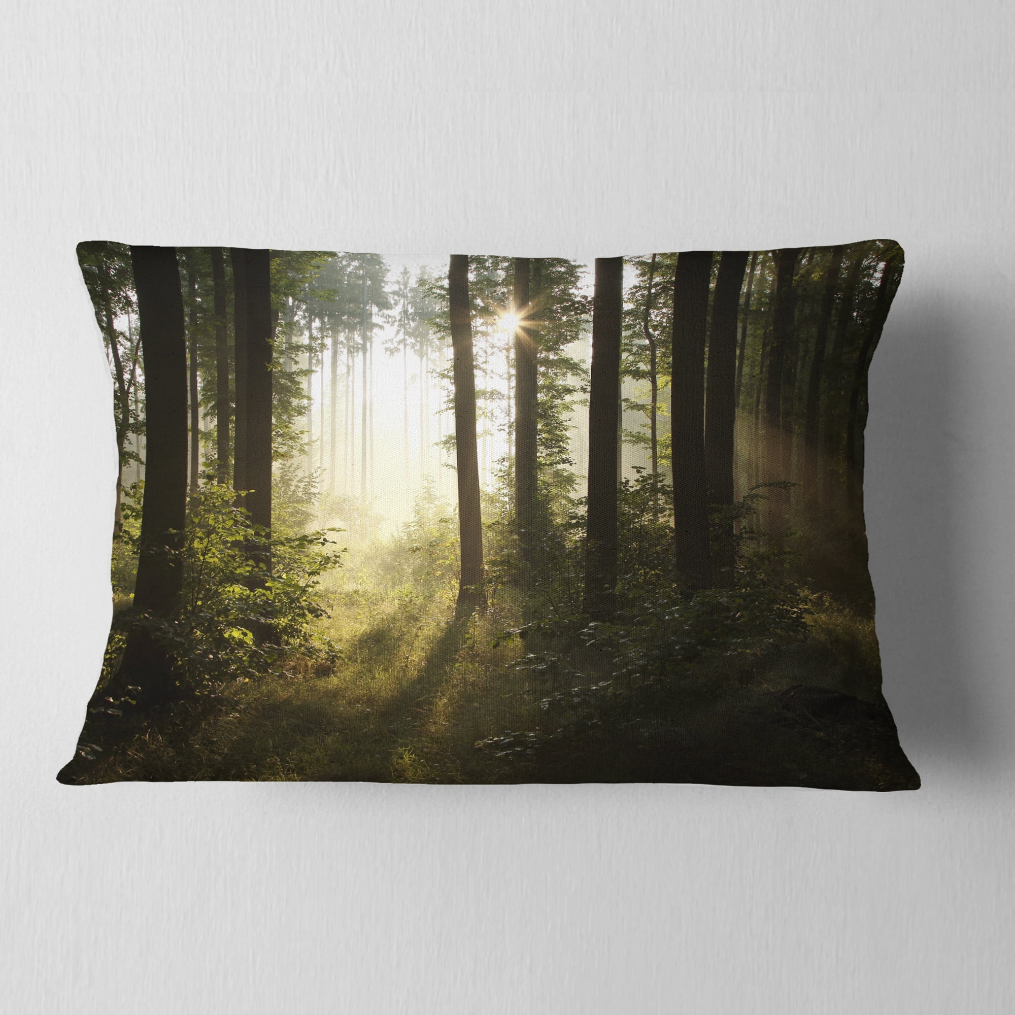 Designart Early Morning Sun in Misty Forest - Landscape Photography Throw Pillow - 12x20