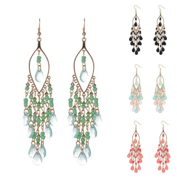 SmartBy Bohemian Women Beads Rhinestone Tassel Dangle Hook Earrings Party Jewelry Gift