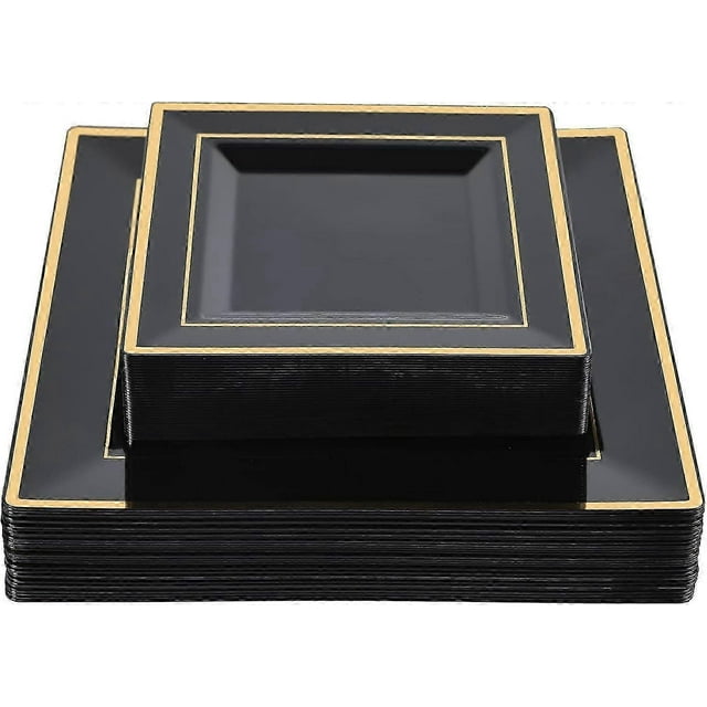 60 Pack Black Square Plastic Plates with Gold Rim, Elegant Tableware for Parties and Events-2025