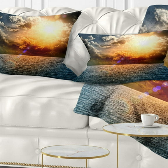 Designart Yellow Sunset in the Middle of Ocean - Beach Photo Throw Pillow - 12x20
