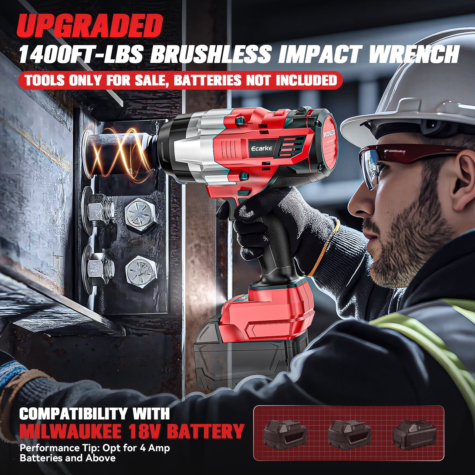 Cordless Impact Wrench 1/2 inch for Milwaukee 18v Battery, 1400 Ft-lbs High Torque Impact Driver, Brushless Electric Impact Gun with 4 Modes & LED Light for Car, Truck, Mower (Battery Not Included)