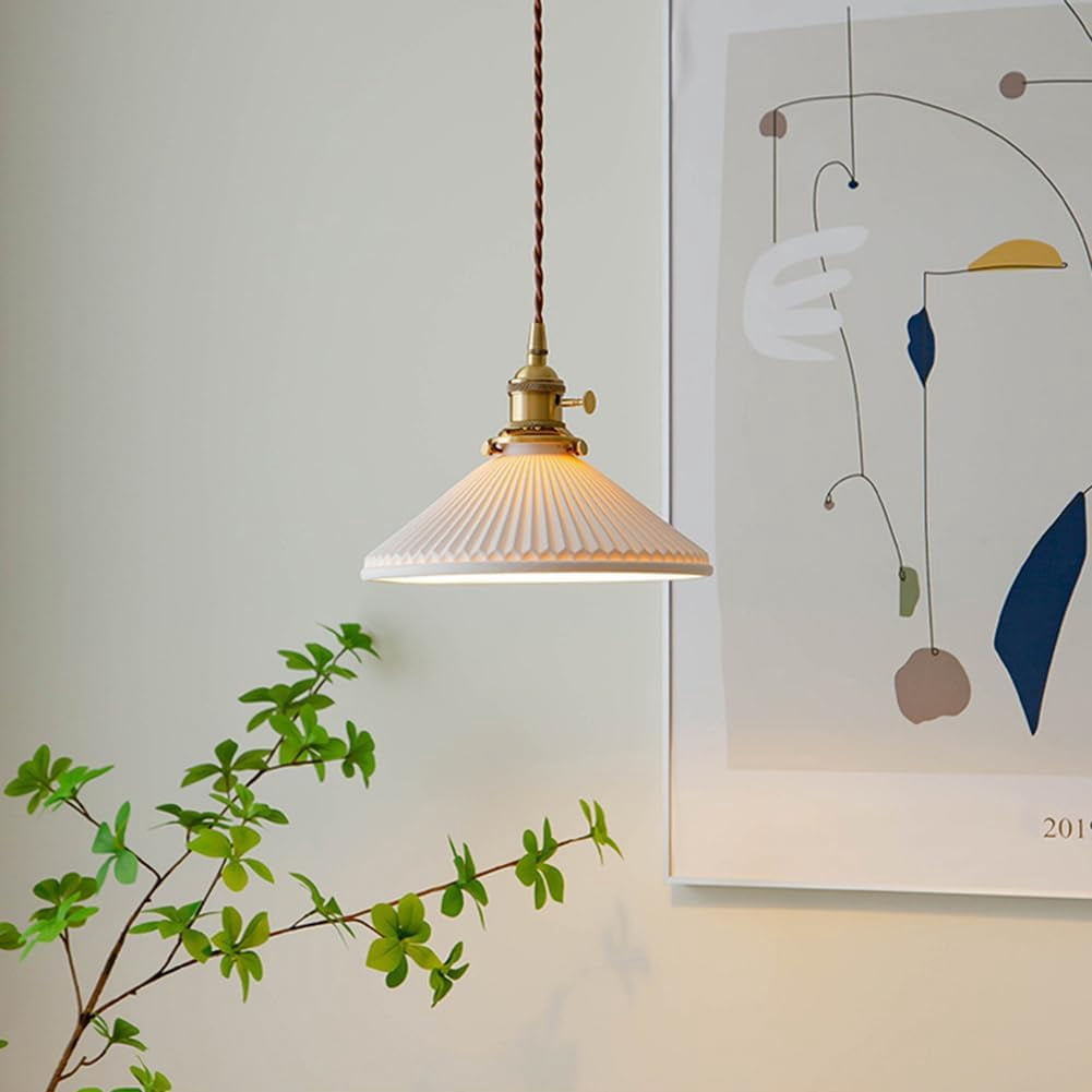 Japanese Style White Ceramic Pendant Lighting for Kitchen Island, Rustic Vintage Pendant Light Fixture for Dining Room, Retro Simple Pendant Lamp, Modern Farmhouse Pendant Light for Bar Over Table