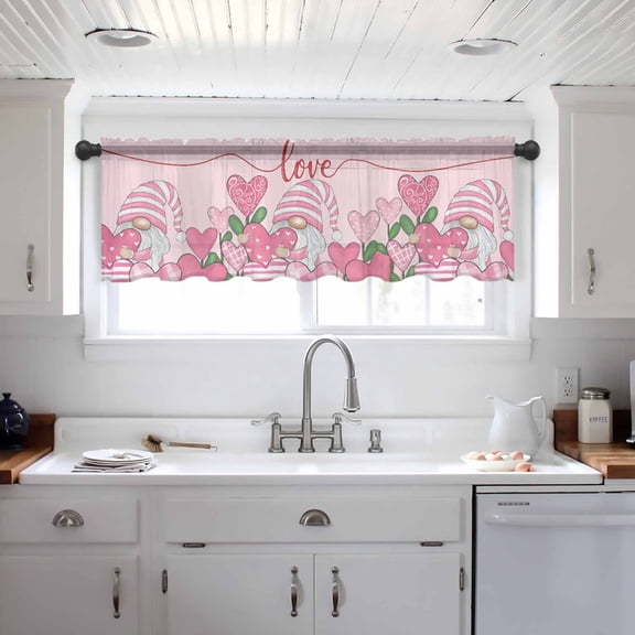 Pink Valentine's Gnomes Rod Pocket Small Topper Half Short Window Curtains Voile Sheer Scarf Valance Curtains for Kitchen/Living Room/Bathroom/Bedroom Window