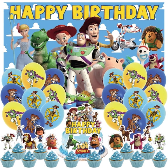 32 PCS For Toy Movie For Story Cartoon Theme Party Decorations Set,With 5*3ft Birthday Backdrop Decorations,18 Balloons,13 Cupcake Toppers,for Boy Girls Party Supplies Set