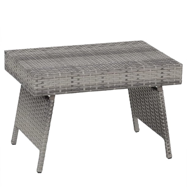Mesa auxiliar plegable de ratán para exteriores, mesa auxiliar rectangular de mimbre para muebles de exterior, mesa de centro de mimbre para patio, piscina, jardín, patio, gris mixto