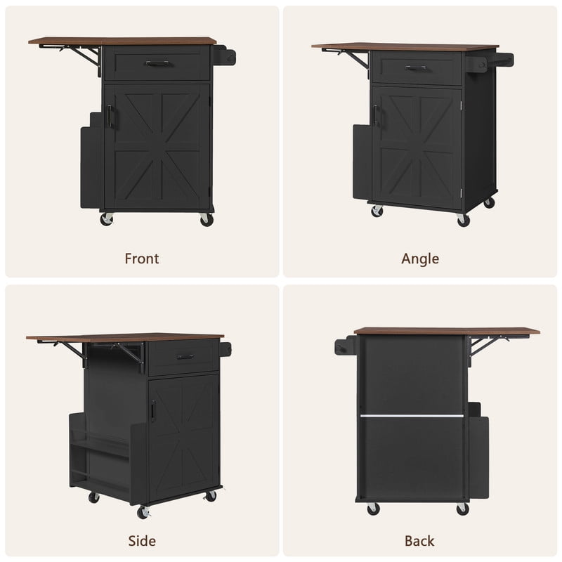 Farmhouse Small Kitchen Rolling Cart with Drop Leaf, Kitchen Island Storage Cabinet with Racks, Hooks, Drawer & Lockable Wheel