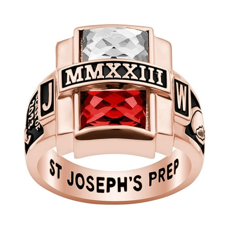 Personalized Men's Rhodium, Gold or Rose Gold Plated Double Birthstone Rectangle Class Ring