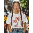 thumbnail image 4 of Women's T-Shirt Orange Summer Palm Trees Beach Short Sleeve Casual Tee Classic Crew Neck T Shirt for Women White, L, 4 of 7