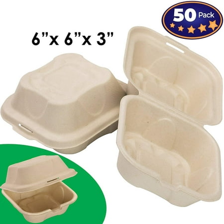 Biodegradable 6x6 Take Out Food Containers with Clamshell Hinged Lid 50 Pack. Microwaveable, Disposable Takeout Box to Carry Meals ToGo. Great for Restaurant Carryout or Party Take Home (The Best Take Out Food)
