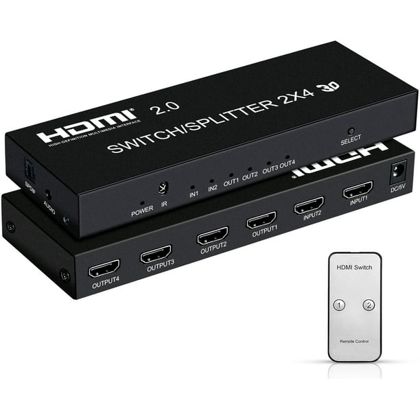 4K@60Hz HDMI Switch Splitter 2 in 4 Out with Remote, 2x4 HDMI Splitter Switcher 4K with & 3.5mm Audio,Support 4K,3D,1080p,HDCP2.2,HDR 10 for PS4,Xbox,Fire Stick,etc - Walmart.com