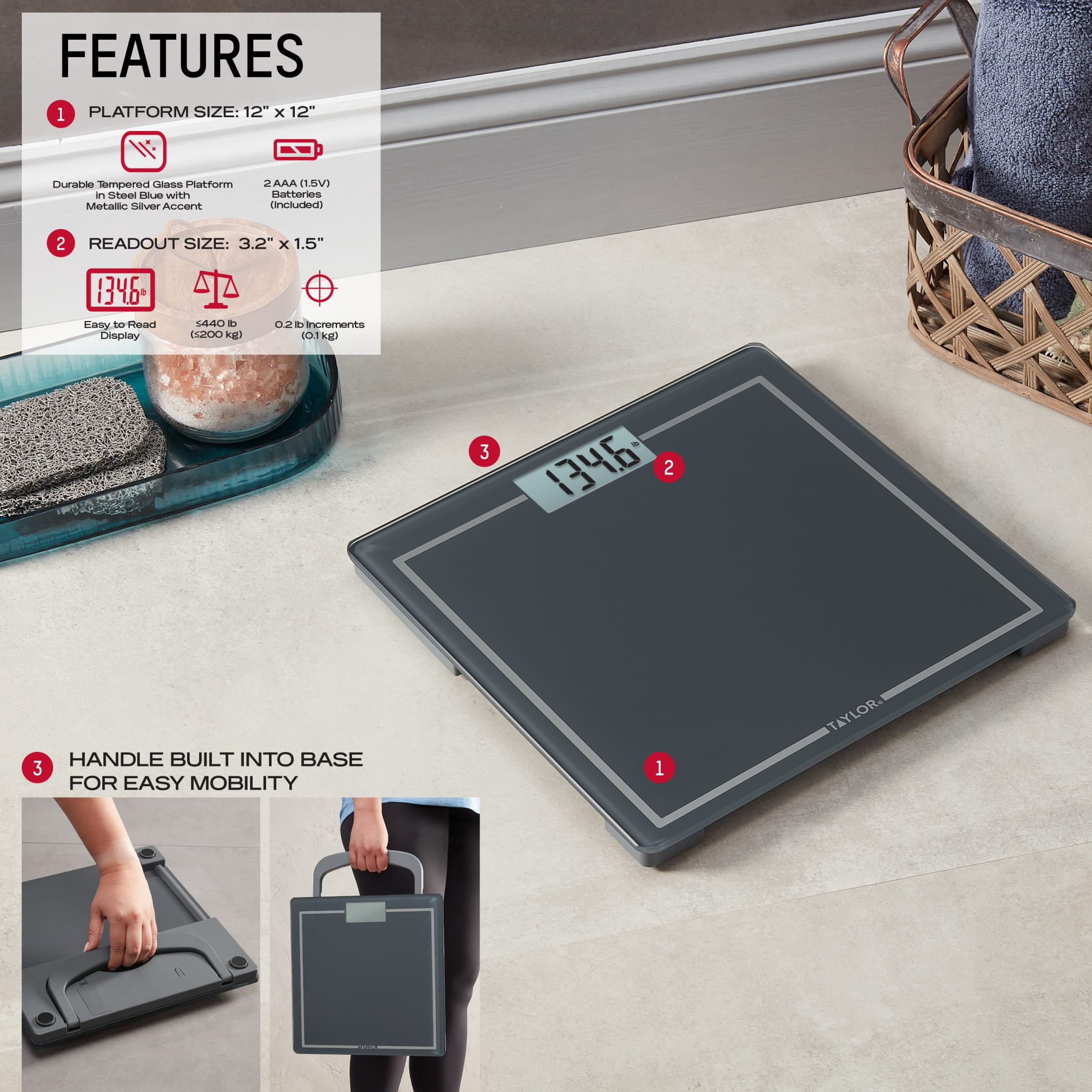 Taylor 12 x 12 inch Digital Glass Body Weight Scale with Handle, Gray