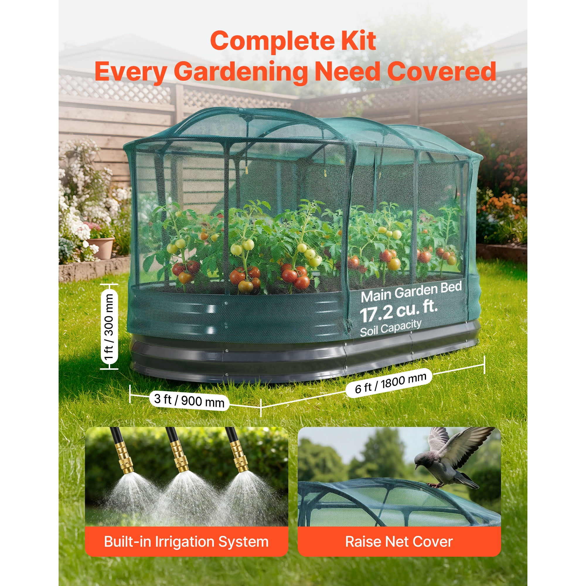 KFFKFF Galvanized Raised Garden Bed, 6 x 3 x 1 ft, with Integrated Watering System and Protective Mesh Cover, Oval Metal Planter Box for Outdoor Use, Rust-Resistant Alu-Zinc, Dark Gray