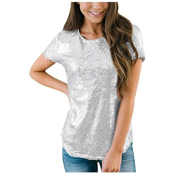 JINMGG Womens Plus Size $5 Women's Casual Short Sleeve T Shirts O Neck Party Sequin Tunic Elegant Tops Gray XXL