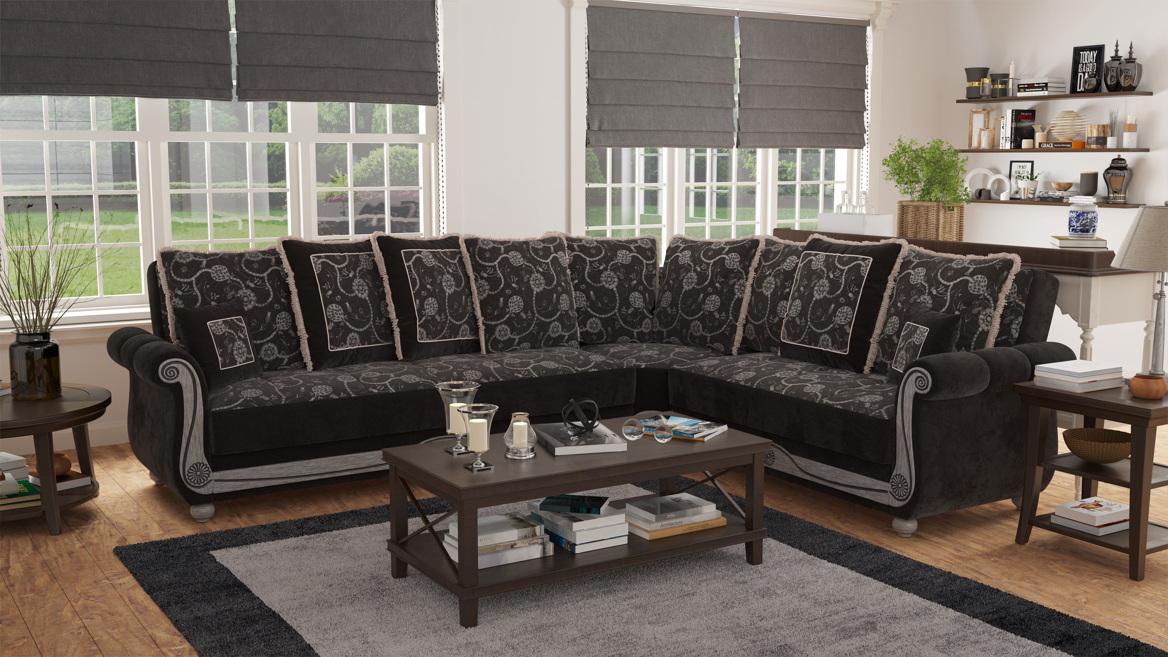 Ottomanson Convertible Sleeper Sectional Sofa Bed with Hidden Storage, Firm Comfort Extra Seating, Black