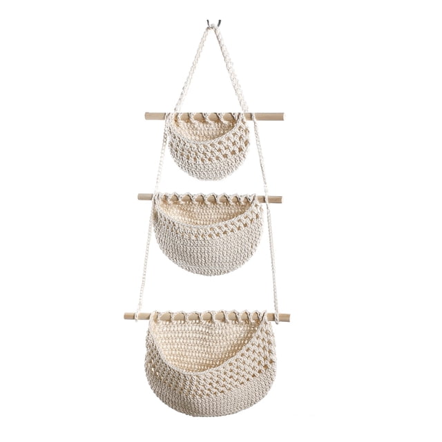 CSChome Storage Basket Fruit Hanging Basket Hollow Design Breathable Handmade Three layer Decorative Rope Woven Basket for Vegetables and Fruits